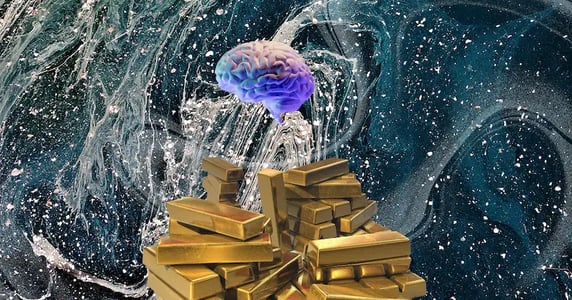 A glowing brain hovers above a stack of gold bars.